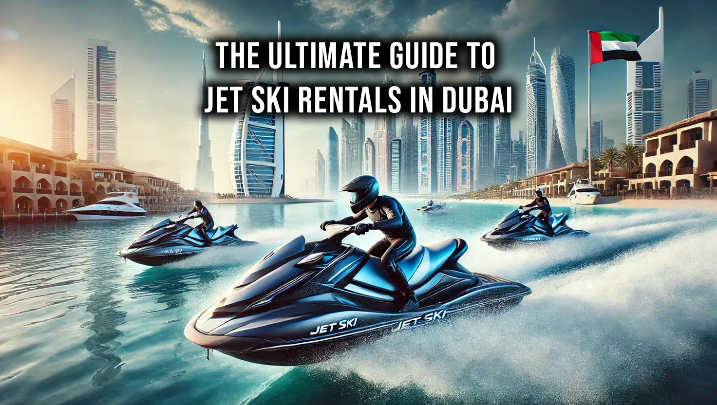 A row of modern jet skis at a marina with the Dubai skyline, including the Burj Khalifa, in the background under a sunny sky.