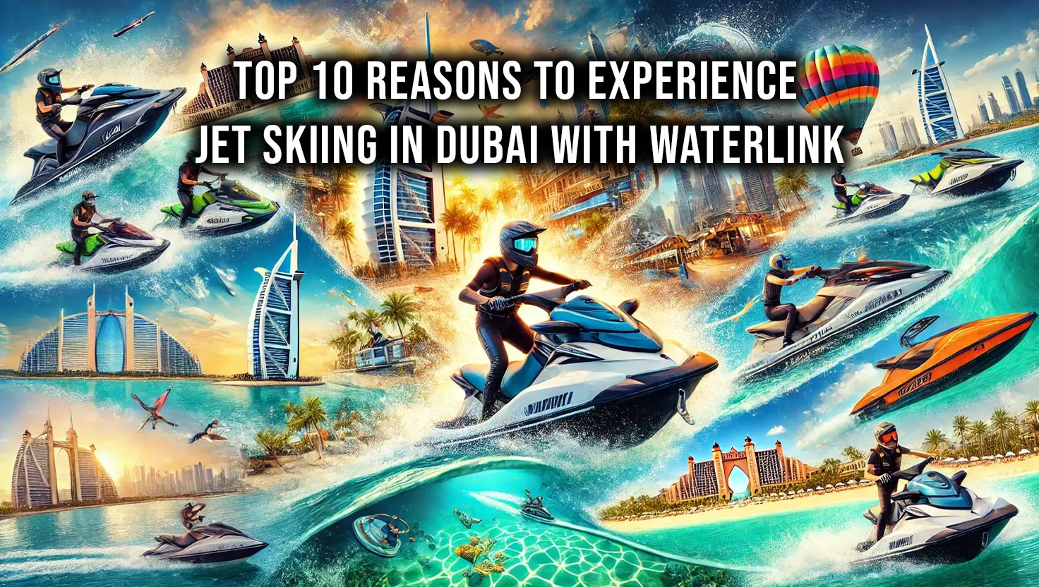 Jet skiers in action on turquoise waters with the Burj Al Arab and Atlantis, The Palm in the background, under a sunny sky.