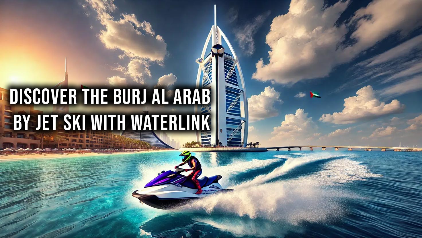A jet skier rides across vibrant blue waters with the Burj Al Arab in the background, under a sunny, clear sky.