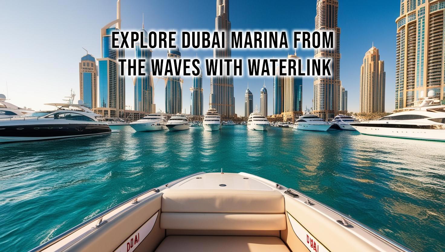A jet skier on calm blue waters with the Dubai Marina skyline, including skyscrapers and yachts, in the background under a sunny sky.