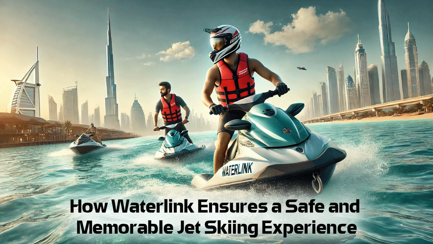 A jet ski instructor briefing riders wearing life jackets and helmets at a marina, with clear blue waters and a sunny sky in the background.