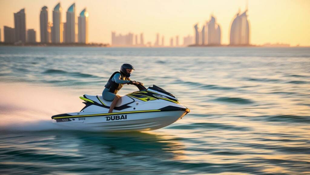 Action shot of a person jet skiing towards Bluewaters Island under a clear blue sky.