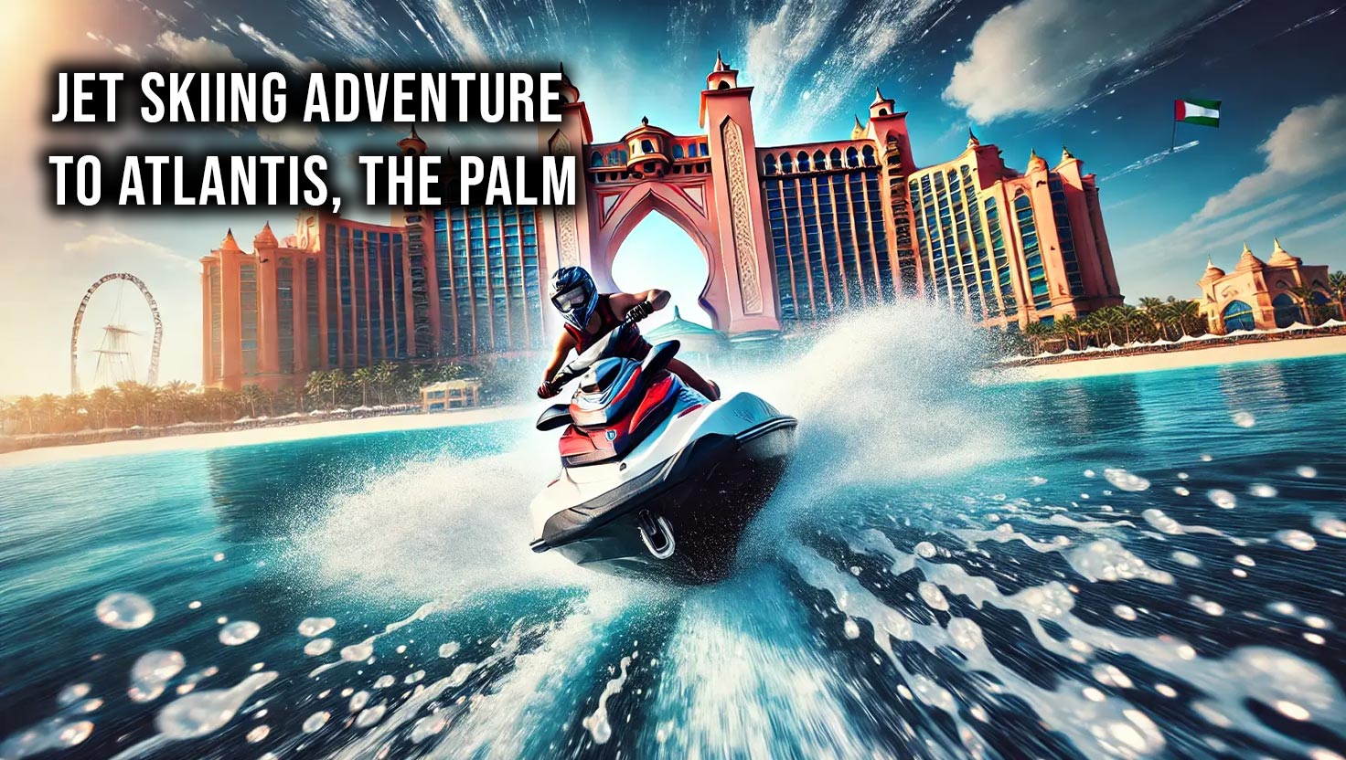A jet skier speeding across clear turquoise waters toward Atlantis, The Palm in Dubai, with water splashes and the resort's majestic pink architecture in the background.