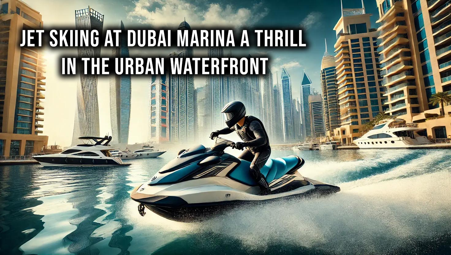 A jet skier on calm waters with Dubai Marina’s skyline and luxury yachts in the background under a sunny sky.