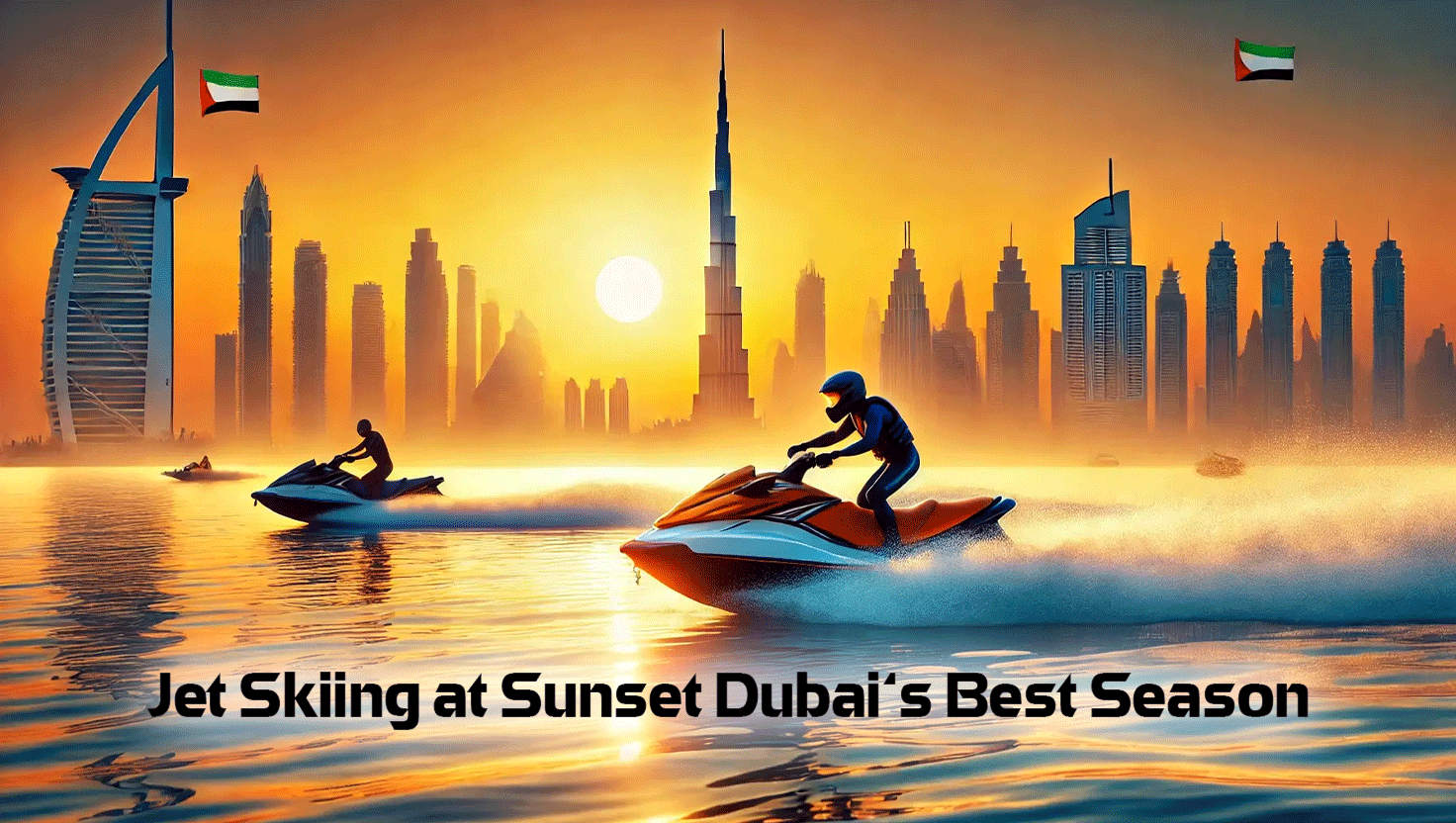 A jet skier gliding on turquoise waters with the Burj Al Arab and palm-lined beaches under clear blue skies in Dubai.