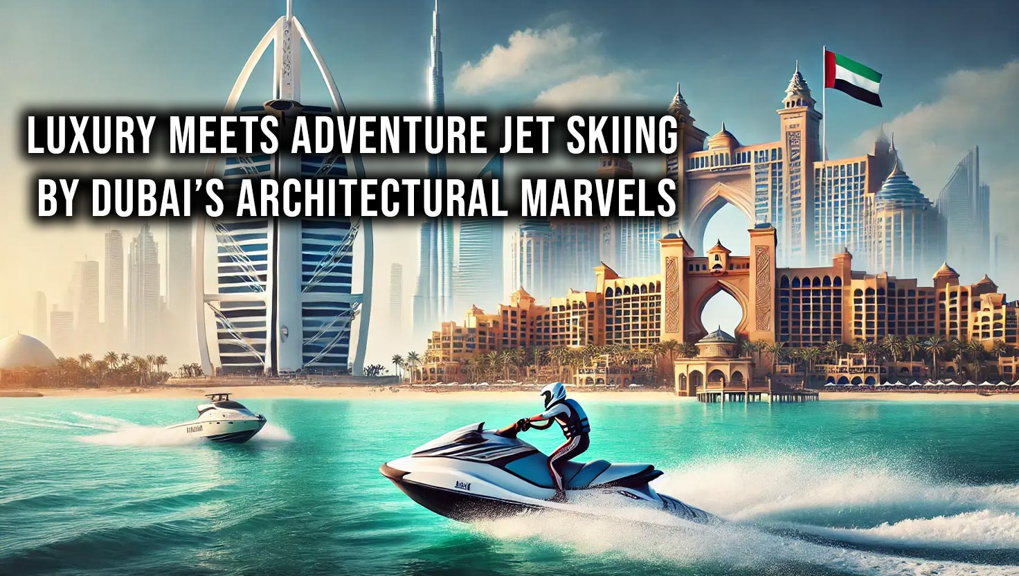 A jet skier riding on turquoise waters with the Burj Al Arab and Atlantis, The Palm in the background under a sunny sky.