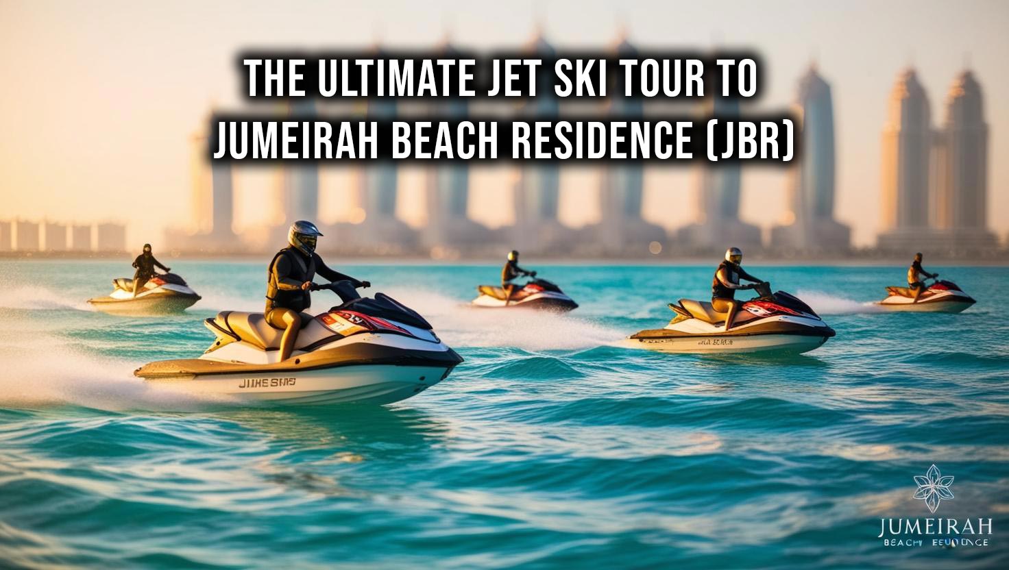 A jet skier races along the coastline of Jumeirah Beach Residence, with its high-rise apartments and vibrant beachfront in the background.