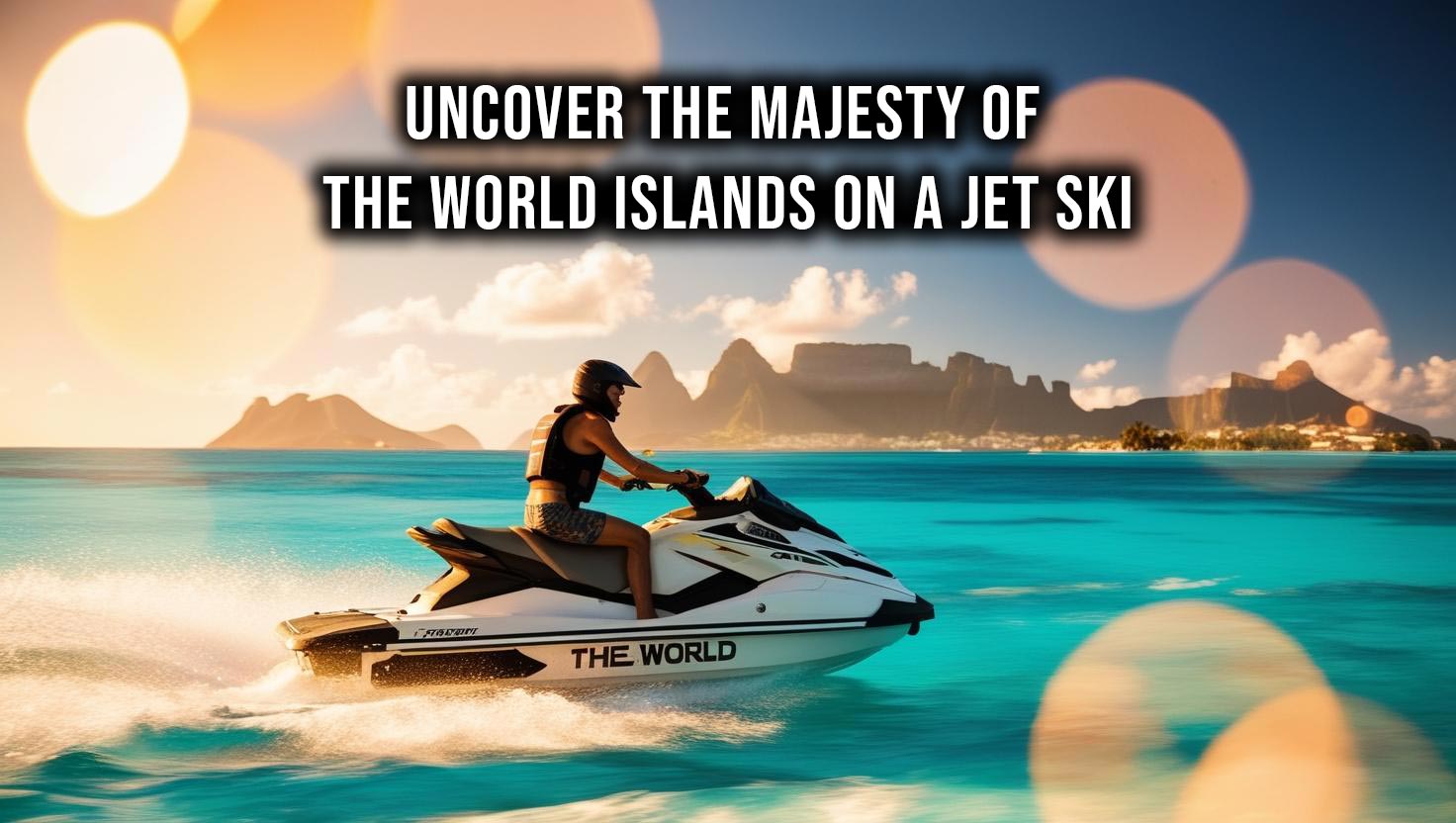 A jet ski adventurer rides around the unique formation of the World Islands in Dubai, showcasing a cluster of luxury private islands.