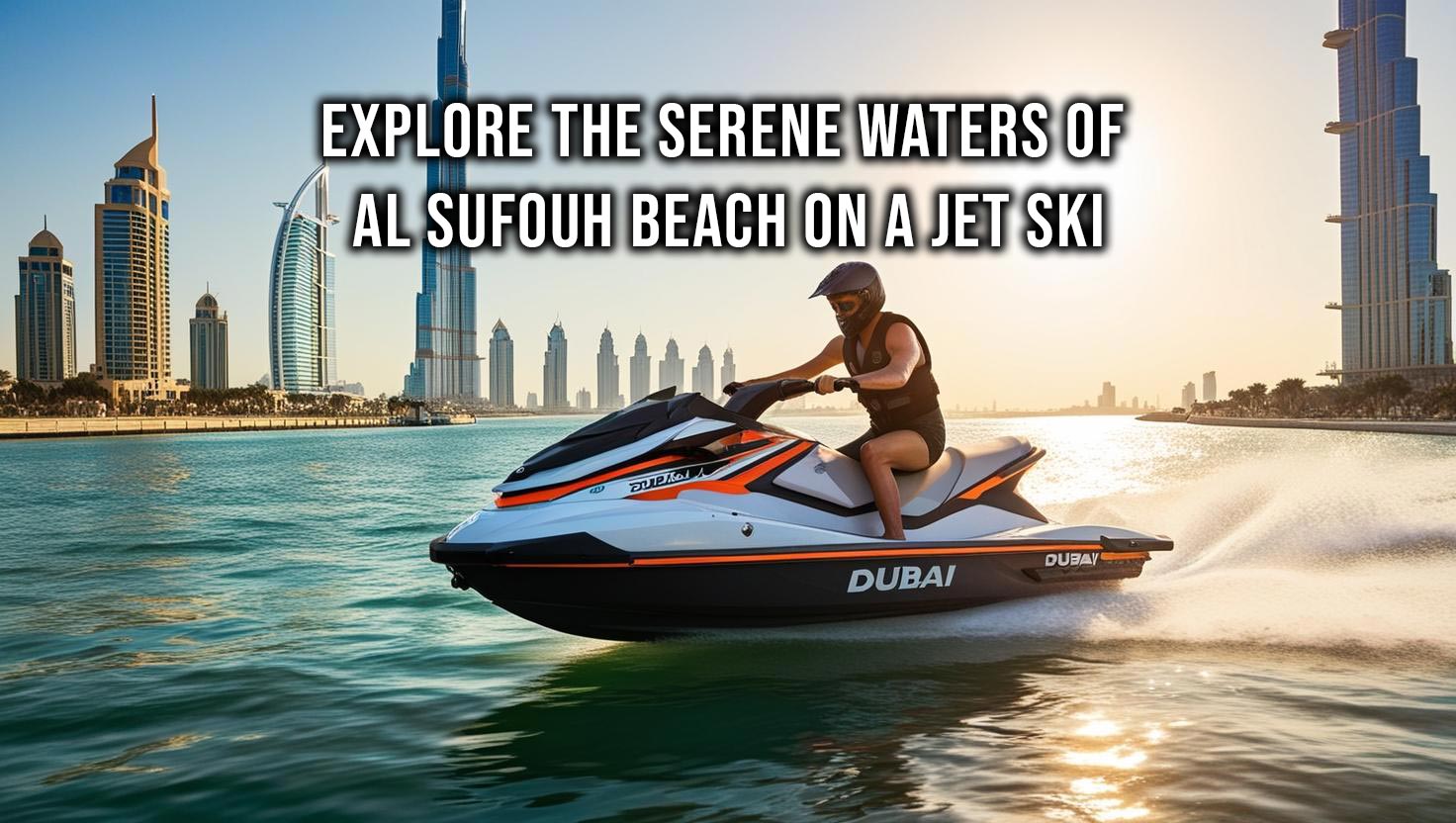 A jet skier speeding across turquoise waters with the Dubai Canal bridge and modern architecture in the background under a sunny sky.