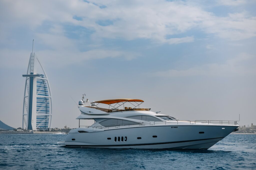 Luxury yacht cruising on open sea in Dubai